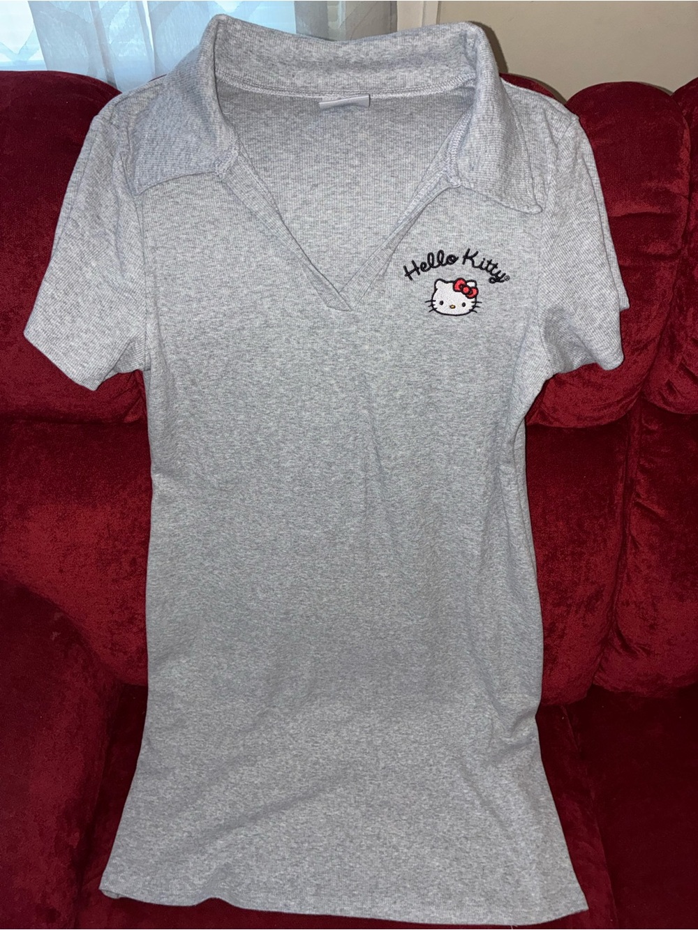Hello Kitty Light Gray Polo Shirt with Embroidered Logo